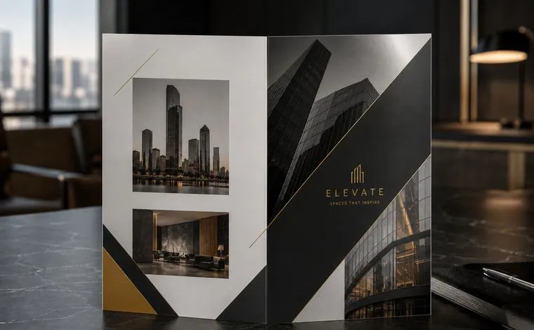 Bi-fold brochure design mockup, folded once into four panels