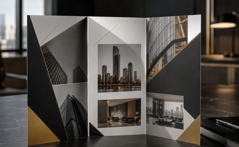 Tri-fold brochure design mockup, opened to show six panels